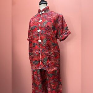Vintage 90s red brocade two-piece lounge set by Silk Fashion.
